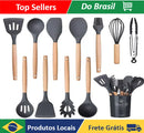 Kit 12 Kitchen Utensils In Silicone And Wooden Cable